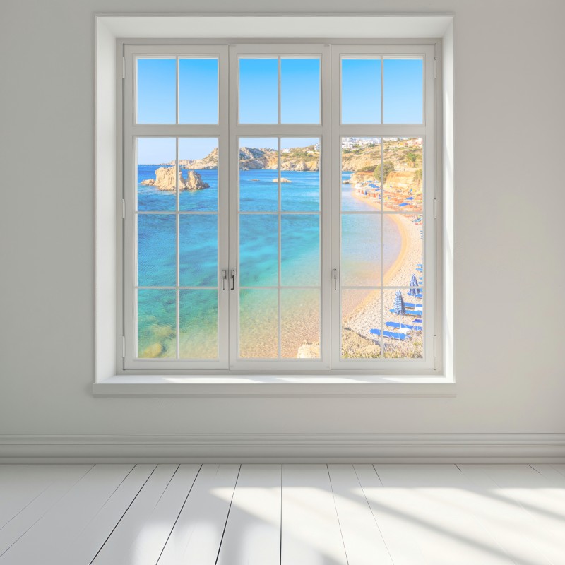 Naklejka na okno plaża Ammopi, Karpathos błękitna zatoka – Wallissimo® Naklejka na okno plaża Ammopi, Karpathos błękitna zatoka – Wallissimo®
