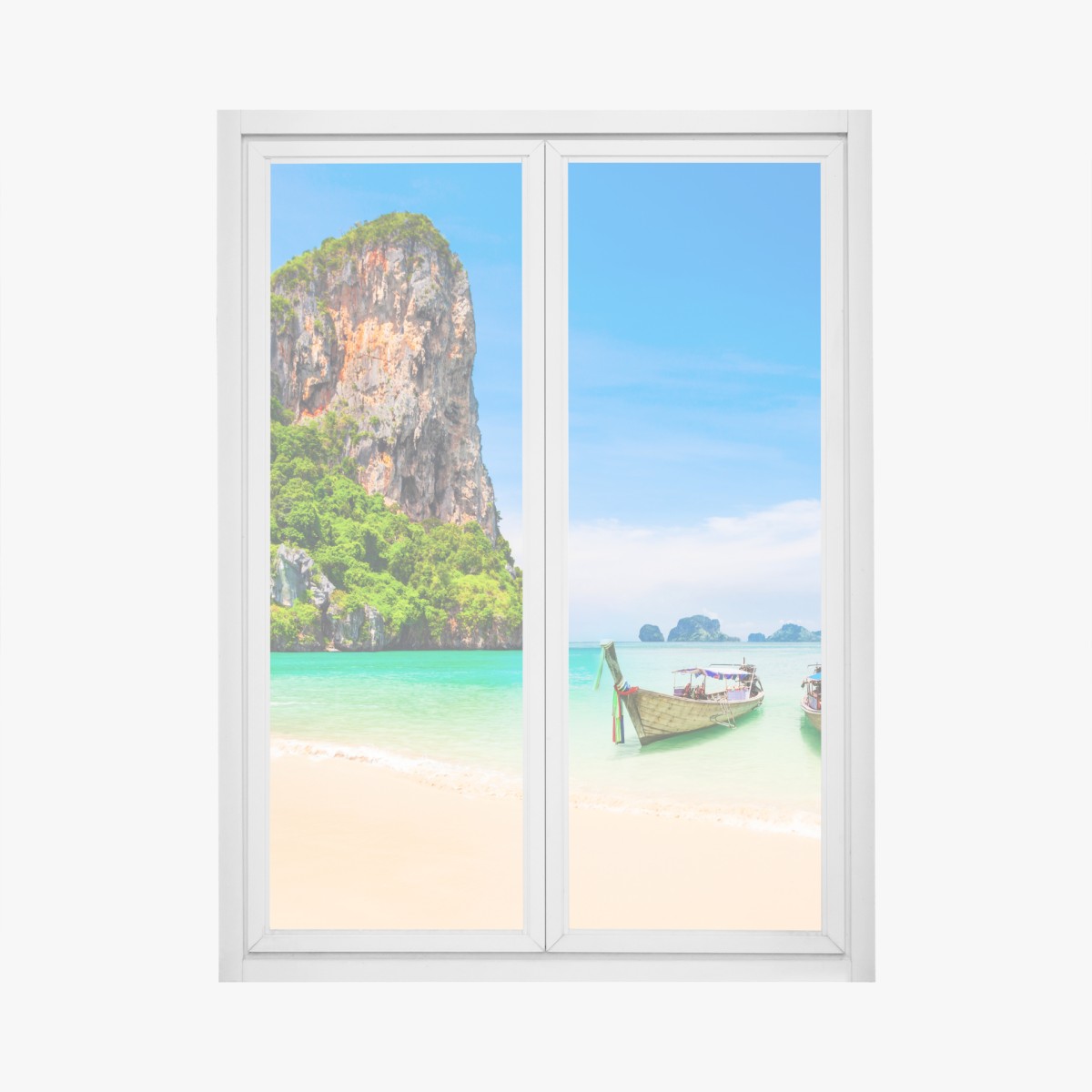 Window decal tropical beach with longtail boats in Thailand