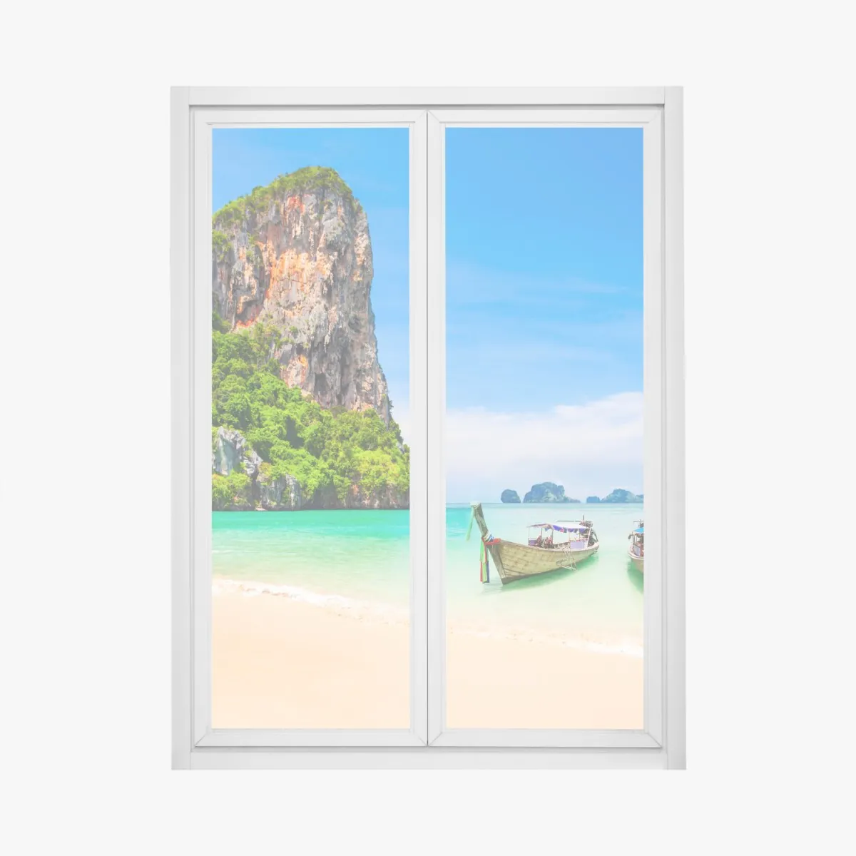 Naklejka na okno tropikalna plaża z tradycyjnymi łodziami w Tajlandii – Wallissimo® Naklejka na okno tropikalna plaża z tradycyjnymi łodziami w Tajlandii – Wallissimo®