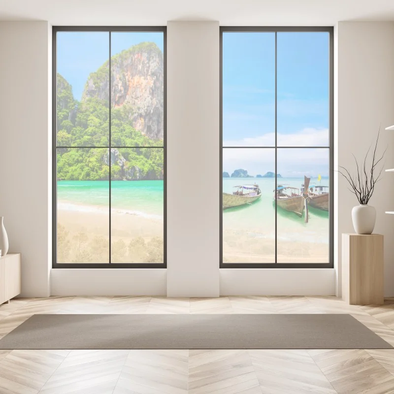 Naklejka na okno tropikalna plaża z tradycyjnymi łodziami w Tajlandii – Wallissimo® Naklejka na okno tropikalna plaża z tradycyjnymi łodziami w Tajlandii – Wallissimo®