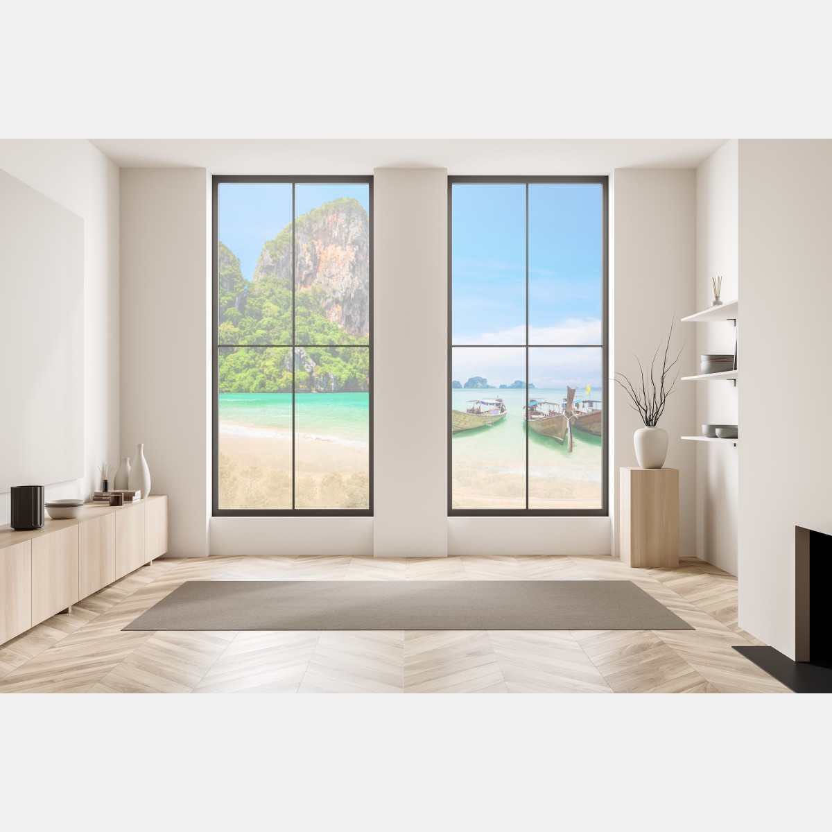 Naklejka na okno tropikalna plaża z tradycyjnymi łodziami w Tajlandii – Wallissimo® Naklejka na okno tropikalna plaża z tradycyjnymi łodziami w Tajlandii – Wallissimo®