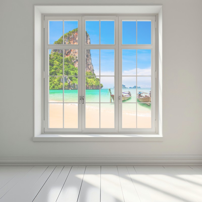 Naklejka na okno tropikalna plaża z tradycyjnymi łodziami w Tajlandii – Wallissimo® Naklejka na okno tropikalna plaża z tradycyjnymi łodziami w Tajlandii – Wallissimo®