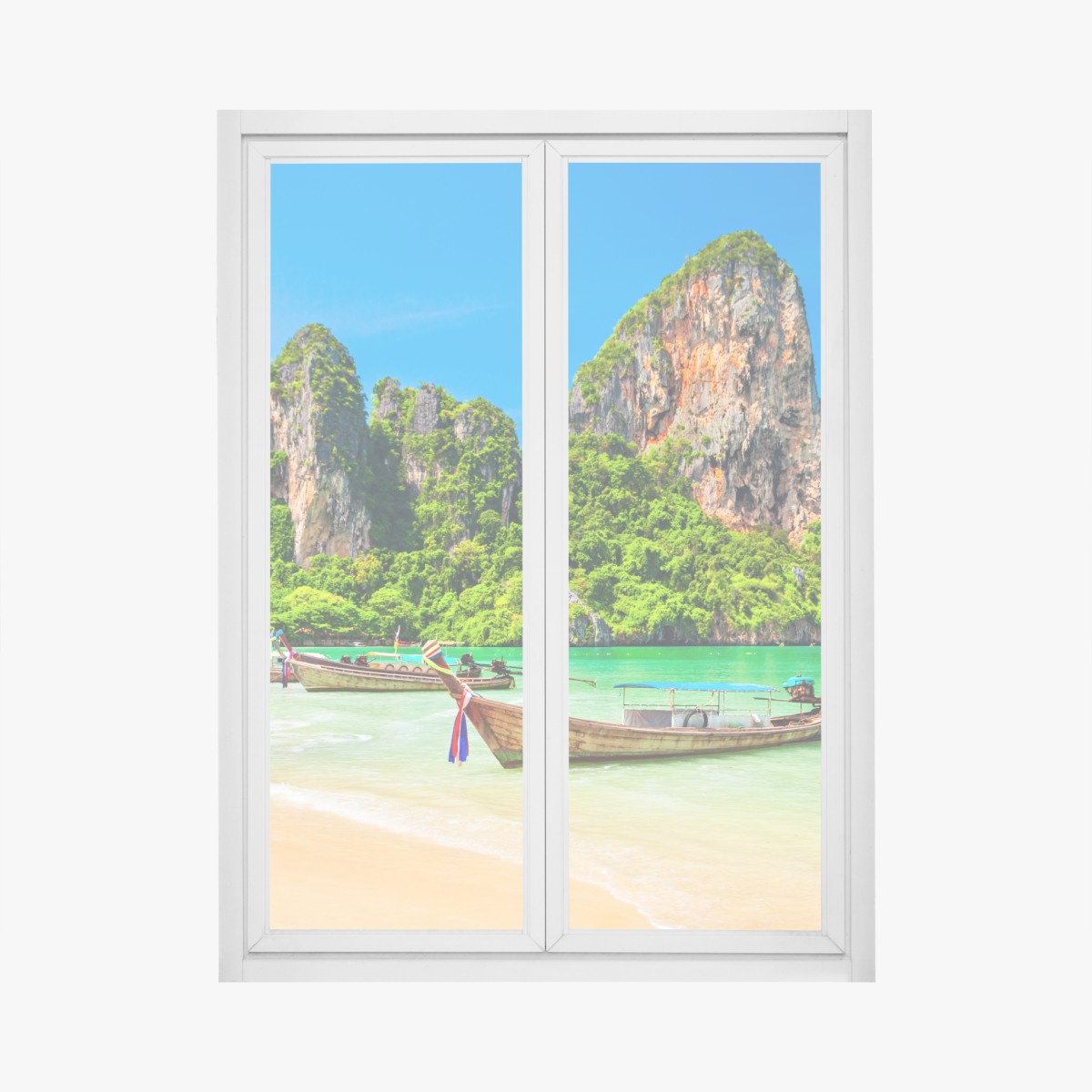 Window decal longtail boats at a tropical beach, Thailand