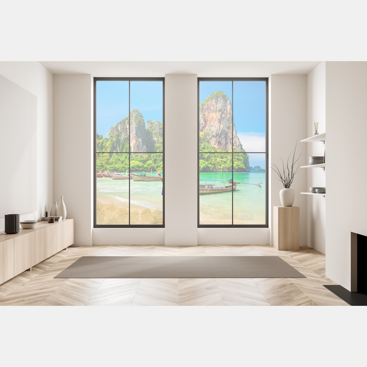 Naklejka na okno długie łodzie na tropikalnej plaży, Tajlandia – Wallissimo® Naklejka na okno długie łodzie na tropikalnej plaży, Tajlandia – Wallissimo®