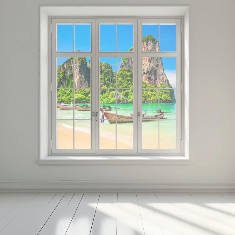 Naklejka na okno długie łodzie na tropikalnej plaży, Tajlandia – Wallissimo® Naklejka na okno długie łodzie na tropikalnej plaży, Tajlandia – Wallissimo®