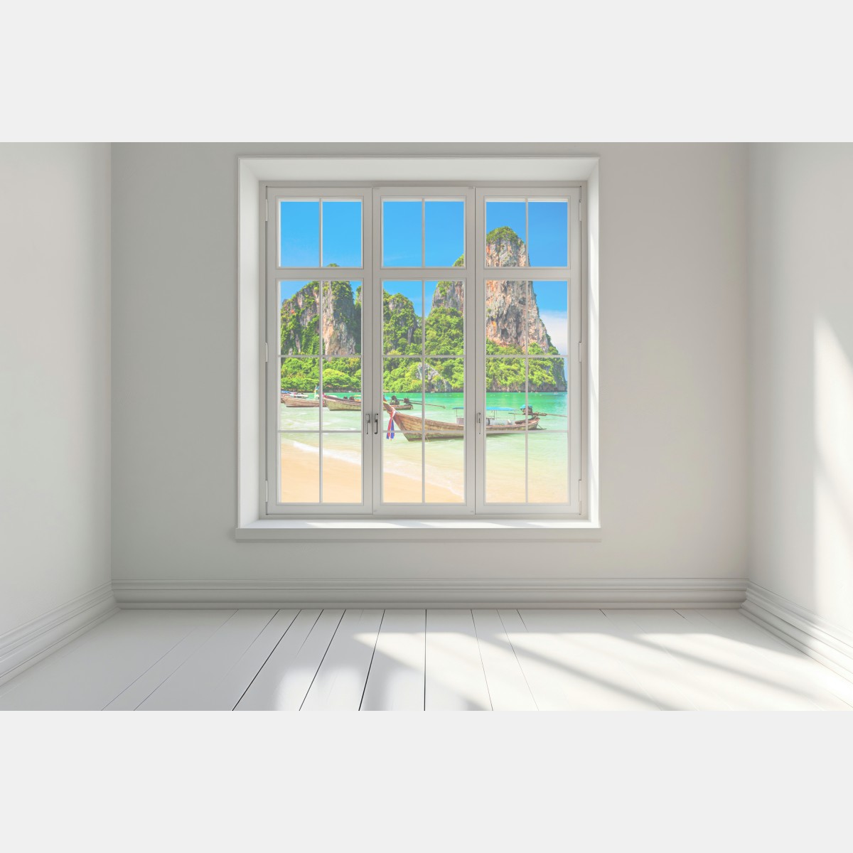 Naklejka na okno długie łodzie na tropikalnej plaży, Tajlandia – Wallissimo® Naklejka na okno długie łodzie na tropikalnej plaży, Tajlandia – Wallissimo®