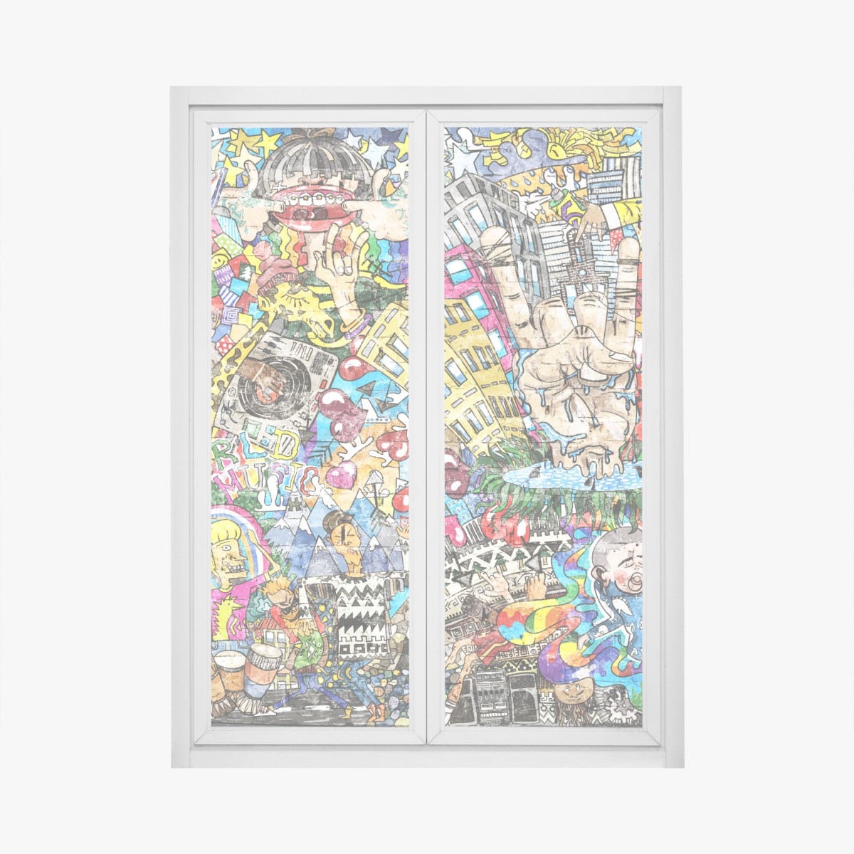 Window decal colorful urban music mural collage