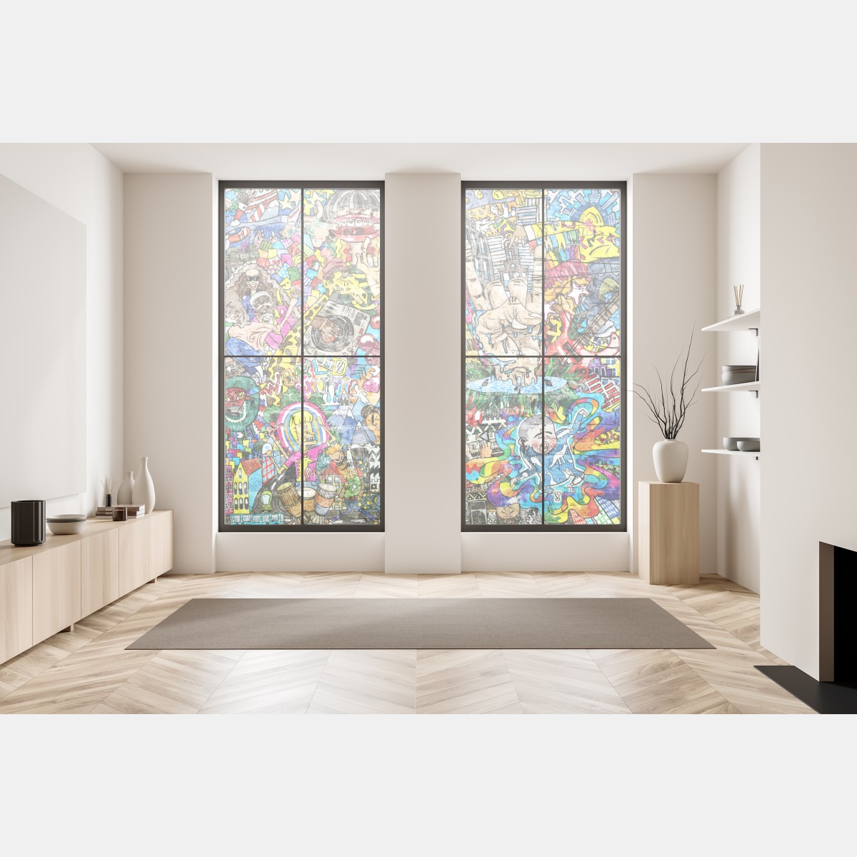 Naklejka na okno kolorowy miejski mural muzyczny – Wallissimo® Naklejka na okno kolorowy miejski mural muzyczny – Wallissimo®