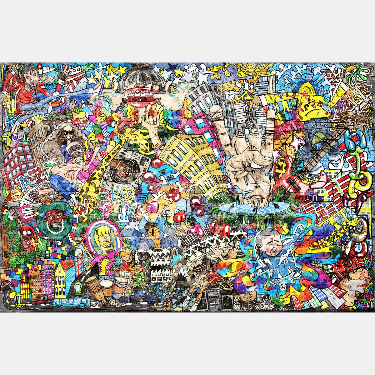 Naklejka na okno kolorowy miejski mural muzyczny – Wallissimo® Naklejka na okno kolorowy miejski mural muzyczny – Wallissimo®