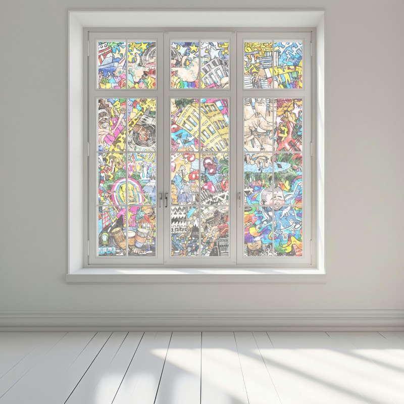 Naklejka na okno kolorowy miejski mural muzyczny – Wallissimo® Naklejka na okno kolorowy miejski mural muzyczny – Wallissimo®