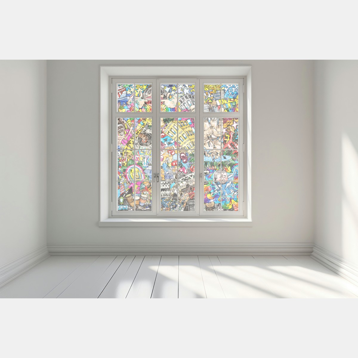 Naklejka na okno kolorowy miejski mural muzyczny – Wallissimo® Naklejka na okno kolorowy miejski mural muzyczny – Wallissimo®