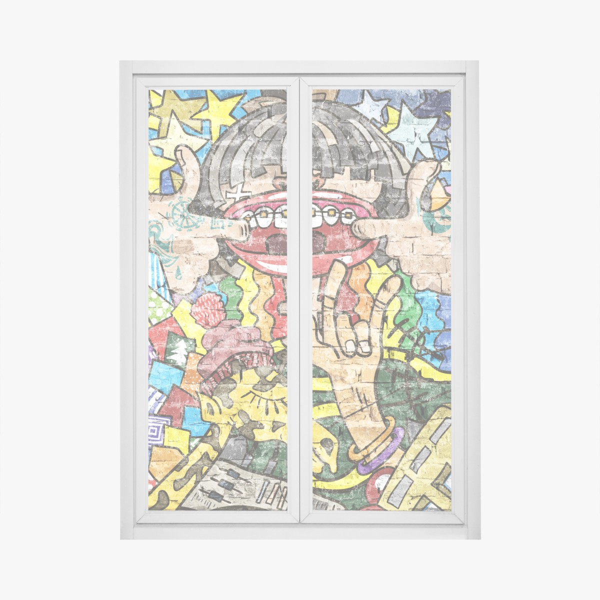 Window decal colorful graffiti mural with playful character