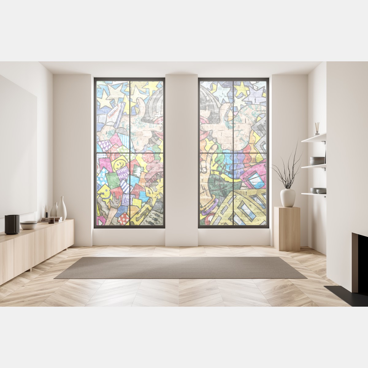 Naklejka na okno kolorowy mural graffiti z zabawną postacią – Wallissimo® Naklejka na okno kolorowy mural graffiti z zabawną postacią – Wallissimo®