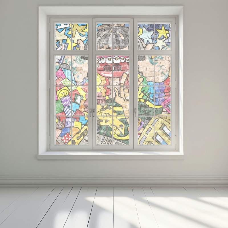 Naklejka na okno kolorowy mural graffiti z zabawną postacią – Wallissimo® Naklejka na okno kolorowy mural graffiti z zabawną postacią – Wallissimo®