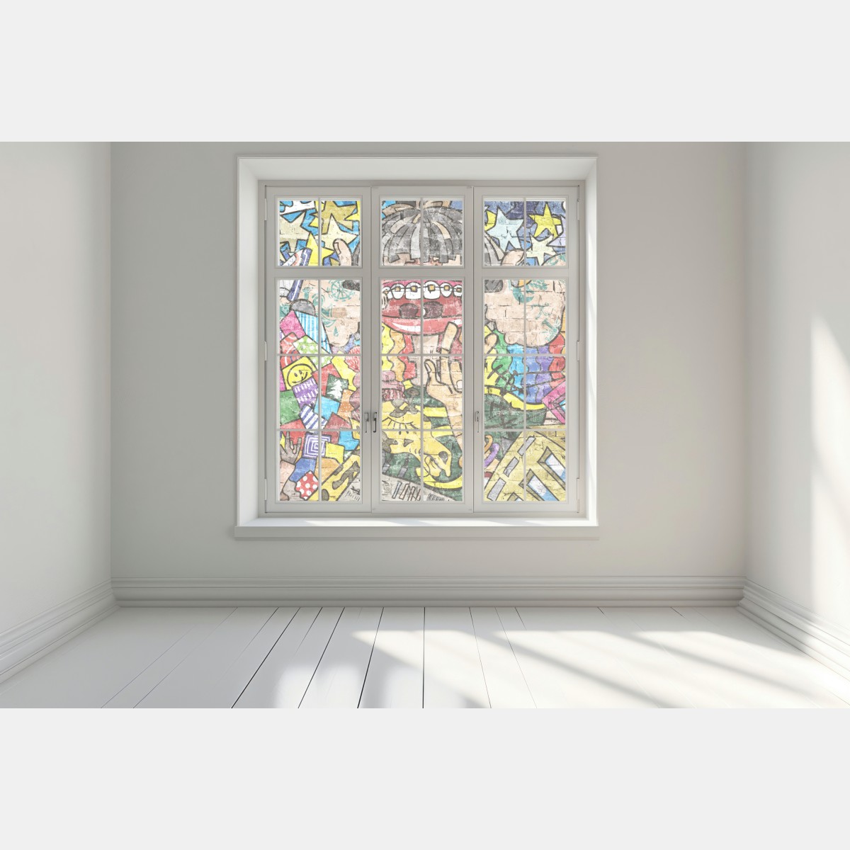 Naklejka na okno kolorowy mural graffiti z zabawną postacią – Wallissimo® Naklejka na okno kolorowy mural graffiti z zabawną postacią – Wallissimo®