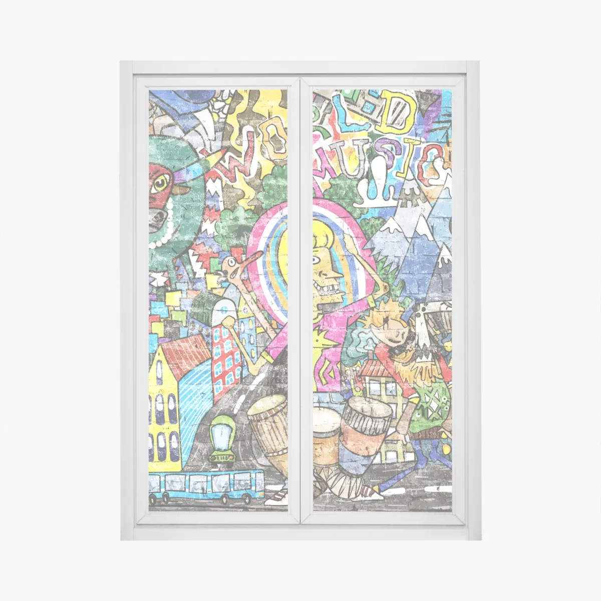 Naklejka na okno kolorowy mural uliczny – Wallissimo® Naklejka na okno kolorowy mural uliczny – Wallissimo®