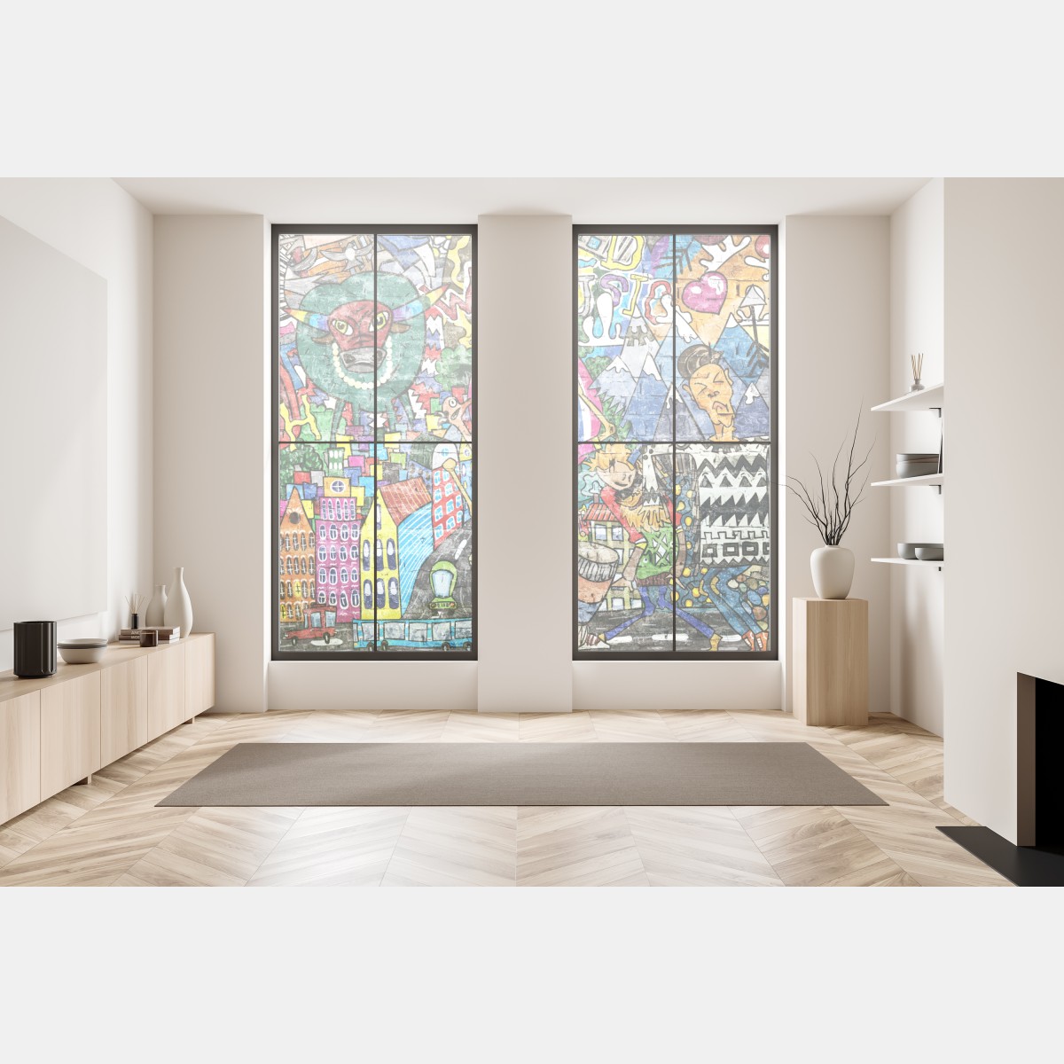 Naklejka na okno kolorowy mural uliczny – Wallissimo® Naklejka na okno kolorowy mural uliczny – Wallissimo®