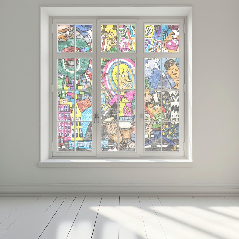 Naklejka na okno kolorowy mural uliczny – Wallissimo® Naklejka na okno kolorowy mural uliczny – Wallissimo®