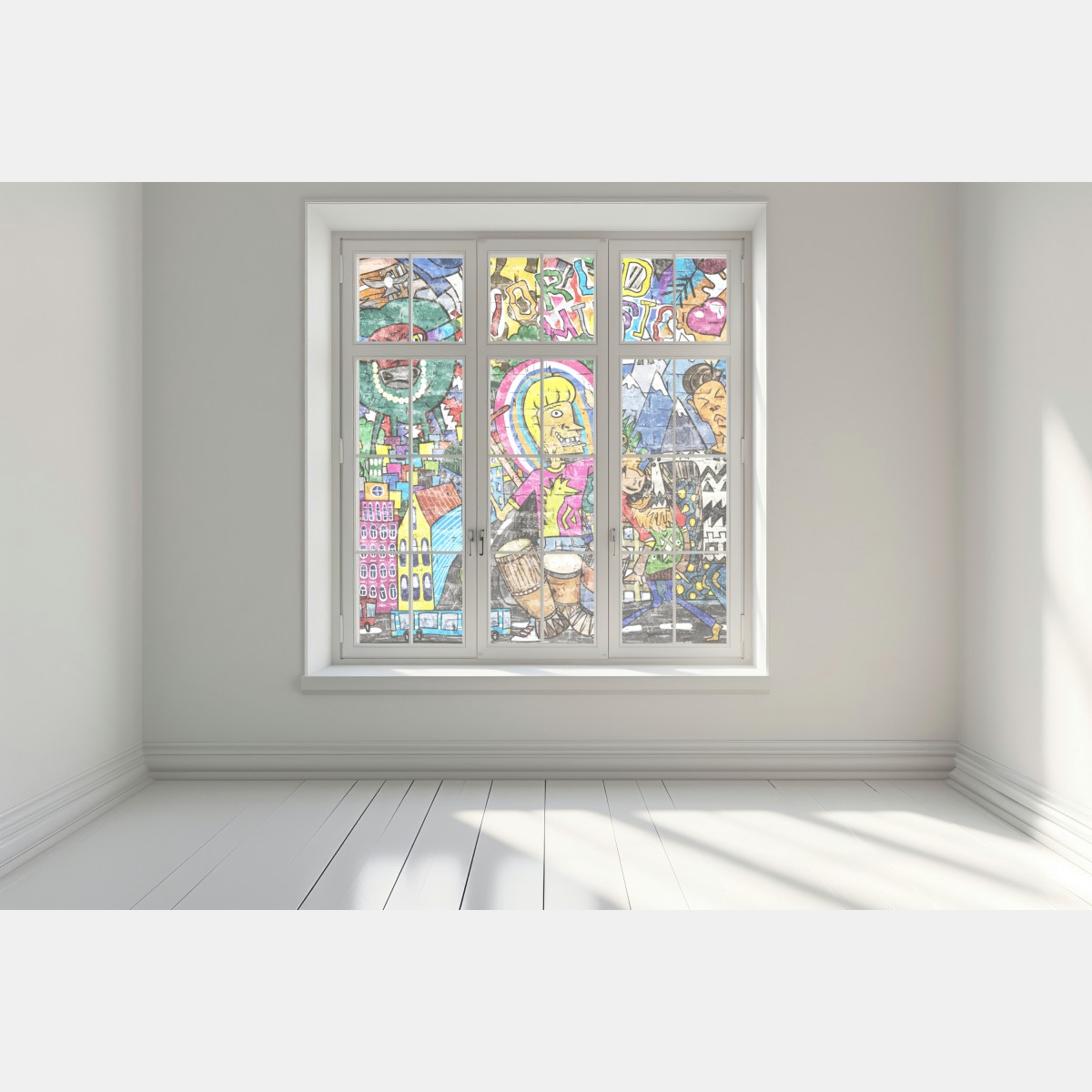 Naklejka na okno kolorowy mural uliczny – Wallissimo® Naklejka na okno kolorowy mural uliczny – Wallissimo®