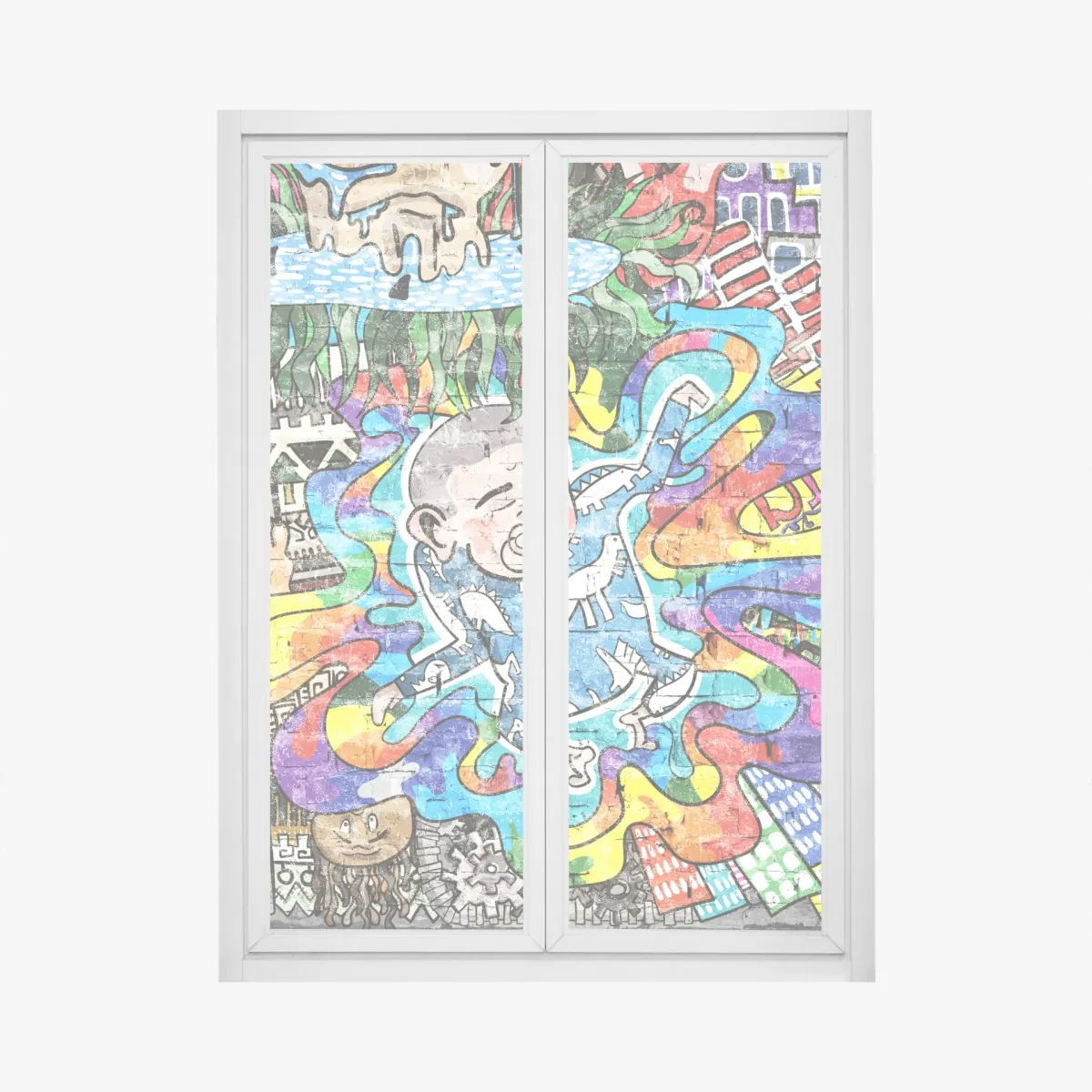 Naklejka na okno kolorowy mural graffiti ze śniącym dzieckiem – Wallissimo® Naklejka na okno kolorowy mural graffiti ze śniącym dzieckiem – Wallissimo®