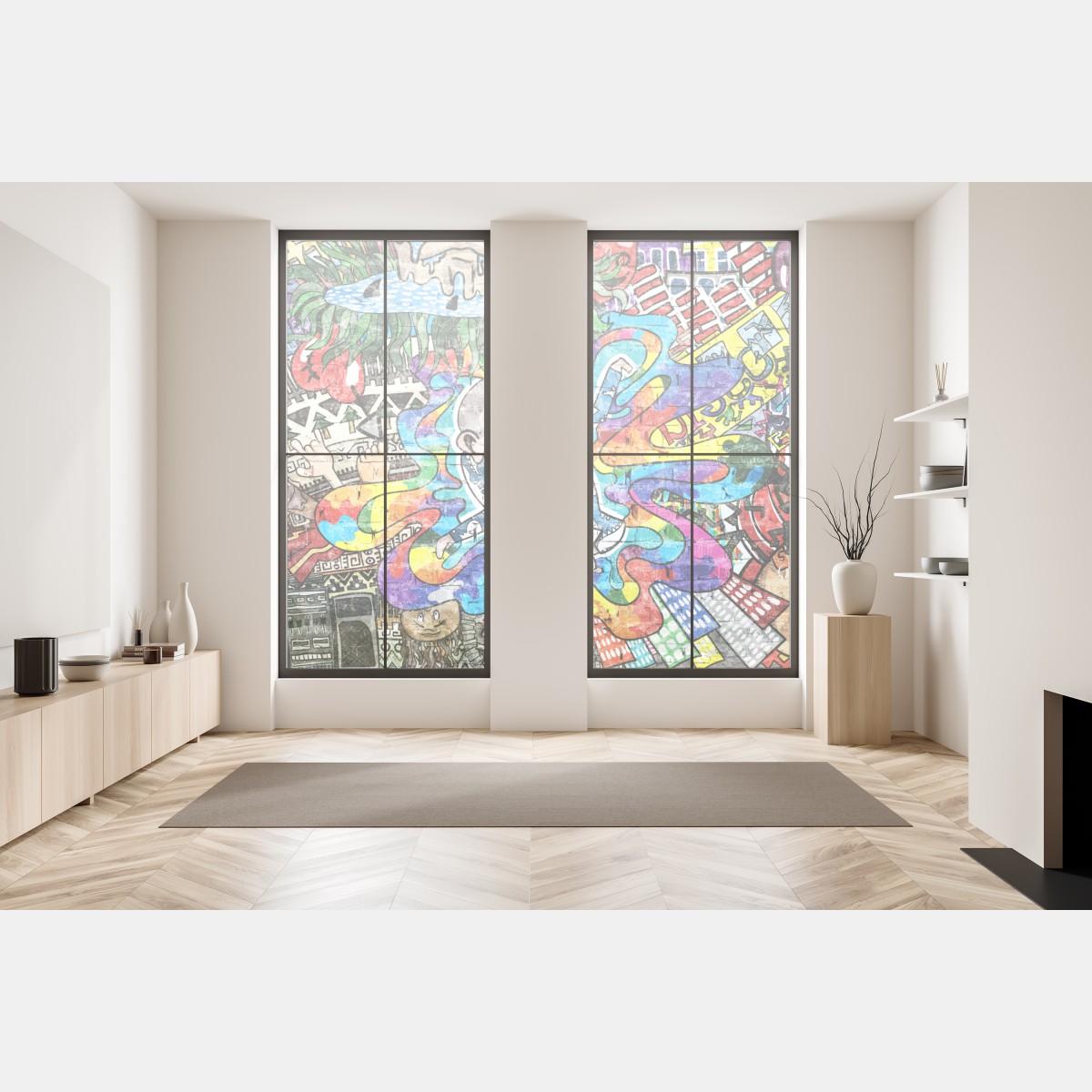 Naklejka na okno kolorowy mural graffiti ze śniącym dzieckiem – Wallissimo® Naklejka na okno kolorowy mural graffiti ze śniącym dzieckiem – Wallissimo®