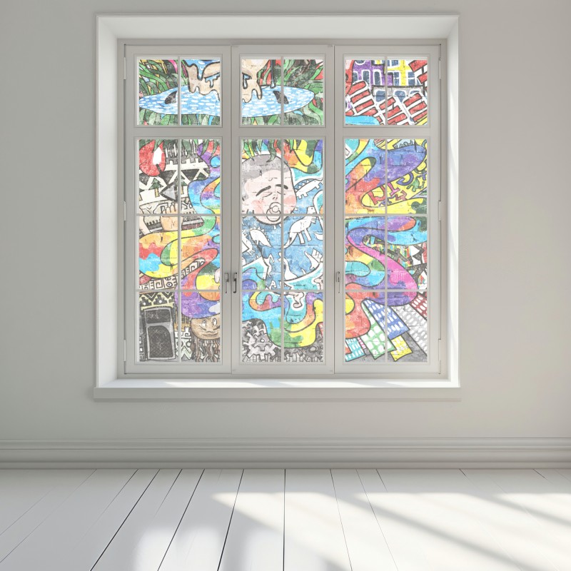 Naklejka na okno kolorowy mural graffiti ze śniącym dzieckiem – Wallissimo® Naklejka na okno kolorowy mural graffiti ze śniącym dzieckiem – Wallissimo®