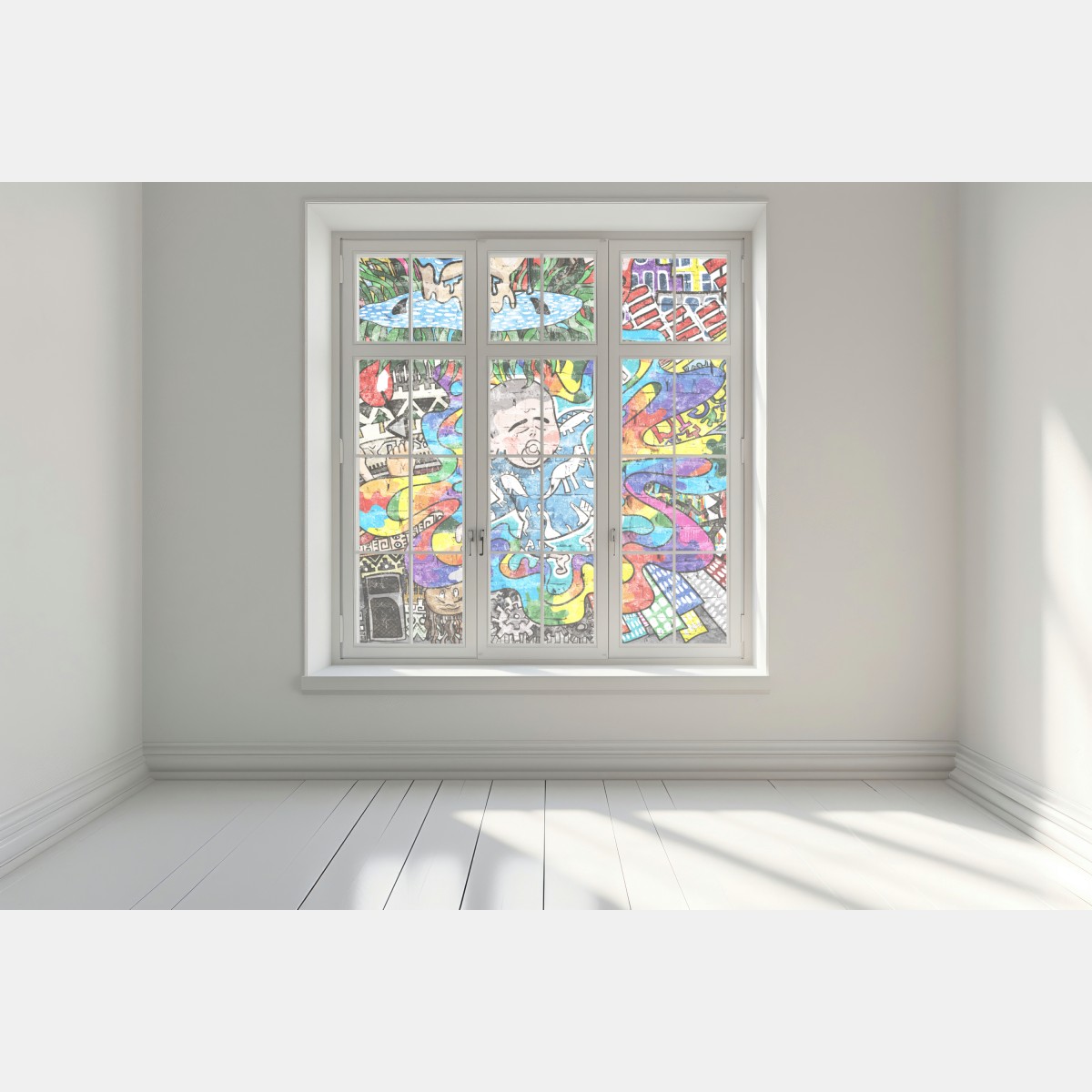 Naklejka na okno kolorowy mural graffiti ze śniącym dzieckiem – Wallissimo® Naklejka na okno kolorowy mural graffiti ze śniącym dzieckiem – Wallissimo®