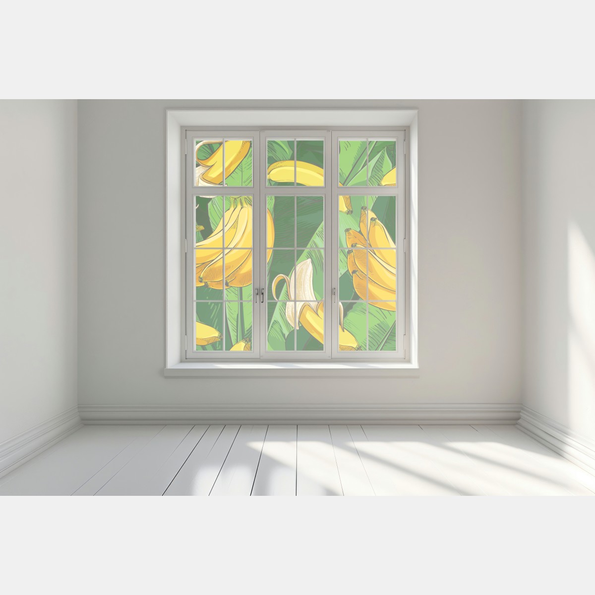 Naklejka na okno tropikalny wzór bananów z liśćmi – Wallissimo® Naklejka na okno tropikalny wzór bananów z liśćmi – Wallissimo®