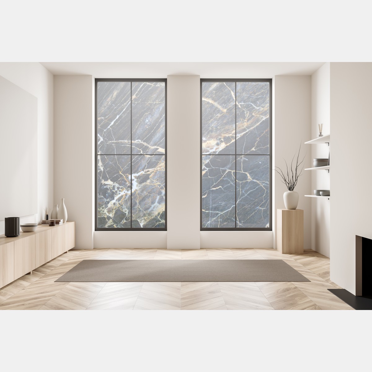 Naklejka na okno ciemny marmur ze złotymi i kremowymi żyłami – Wallissimo® Naklejka na okno ciemny marmur ze złotymi i kremowymi żyłami – Wallissimo®