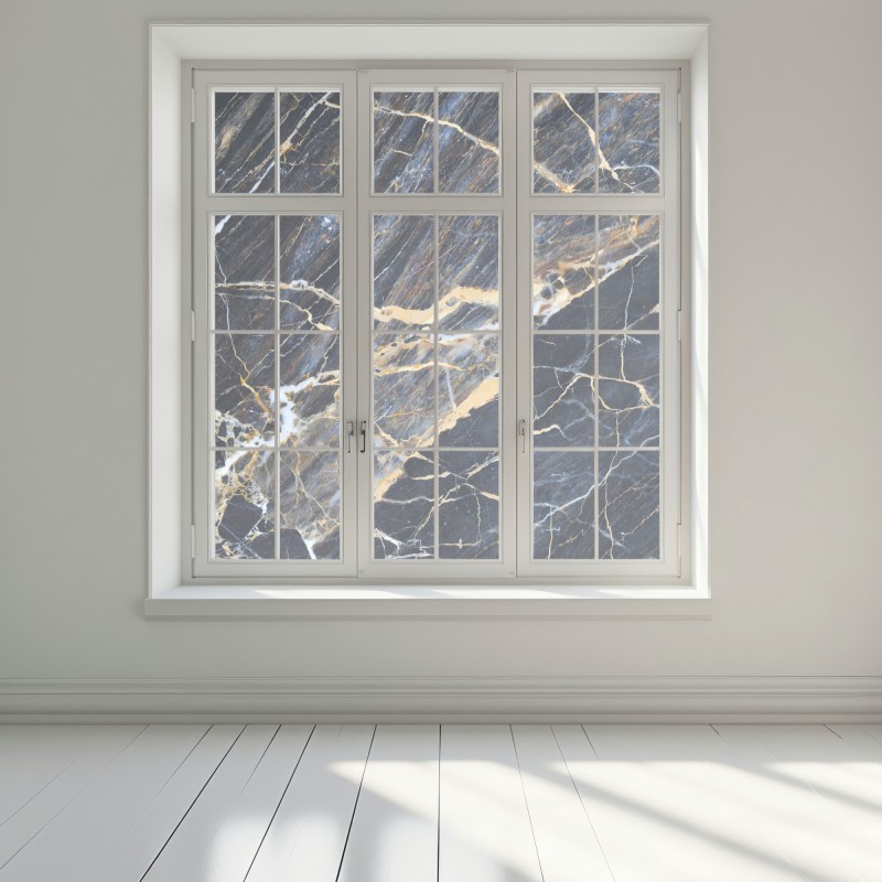 Naklejka na okno ciemny marmur ze złotymi i kremowymi żyłami – Wallissimo® Naklejka na okno ciemny marmur ze złotymi i kremowymi żyłami – Wallissimo®