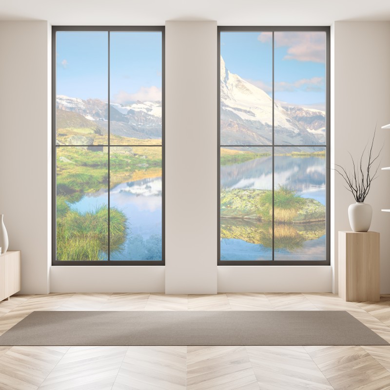 Naklejka na okno jesienne drzewa odbite w spokojnym jeziorze – Wallissimo®