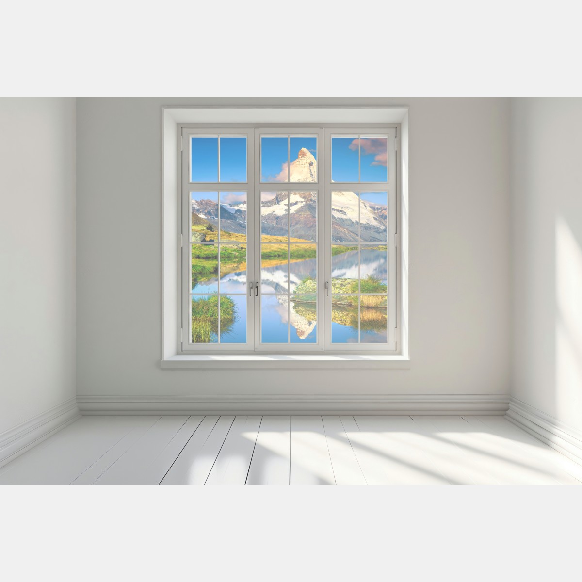 Naklejka na okno majestatyczny Matterhorn odbity w alpejskim jeziorze – Wallissimo® Naklejka na okno majestatyczny Matterhorn odbity w alpejskim jeziorze – Wallissimo®
