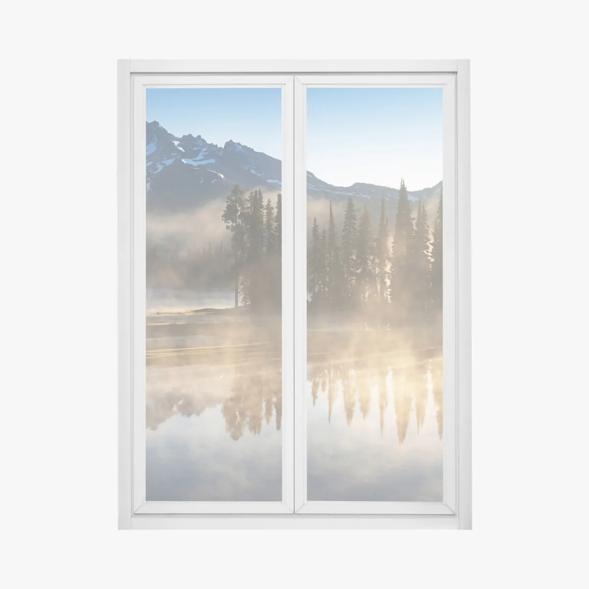 Naklejka na okno mglisty wschód słońca nad górami z odbiciem – Wallissimo® Naklejka na okno mglisty wschód słońca nad górami z odbiciem – Wallissimo®