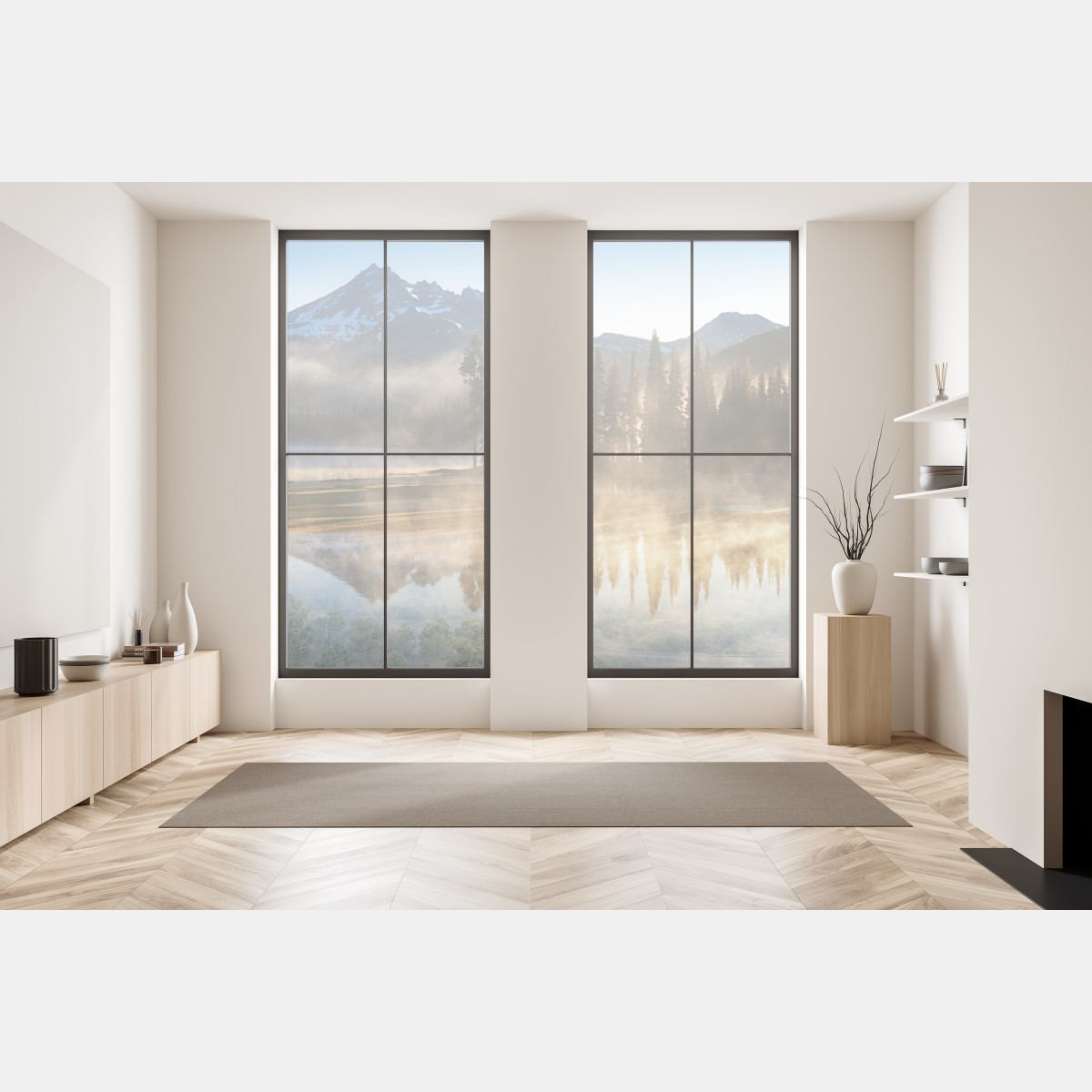 Naklejka na okno mglisty wschód słońca nad górami z odbiciem – Wallissimo® Naklejka na okno mglisty wschód słońca nad górami z odbiciem – Wallissimo®