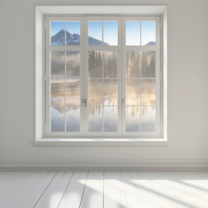 Naklejka na okno mglisty wschód słońca nad górami z odbiciem – Wallissimo® Naklejka na okno mglisty wschód słońca nad górami z odbiciem – Wallissimo®