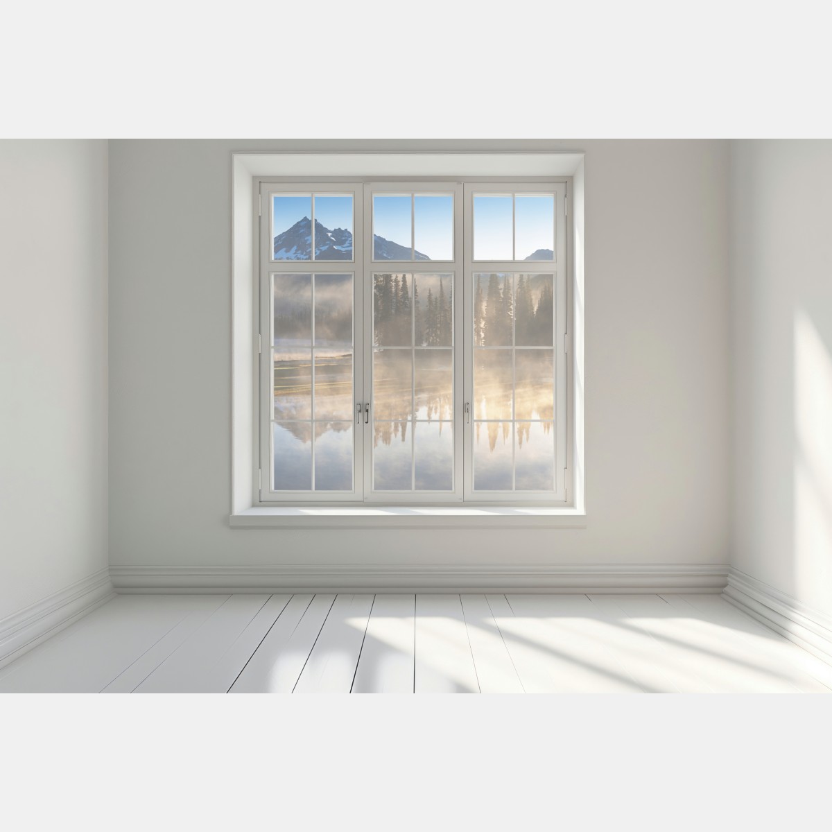 Naklejka na okno mglisty wschód słońca nad górami z odbiciem – Wallissimo® Naklejka na okno mglisty wschód słońca nad górami z odbiciem – Wallissimo®