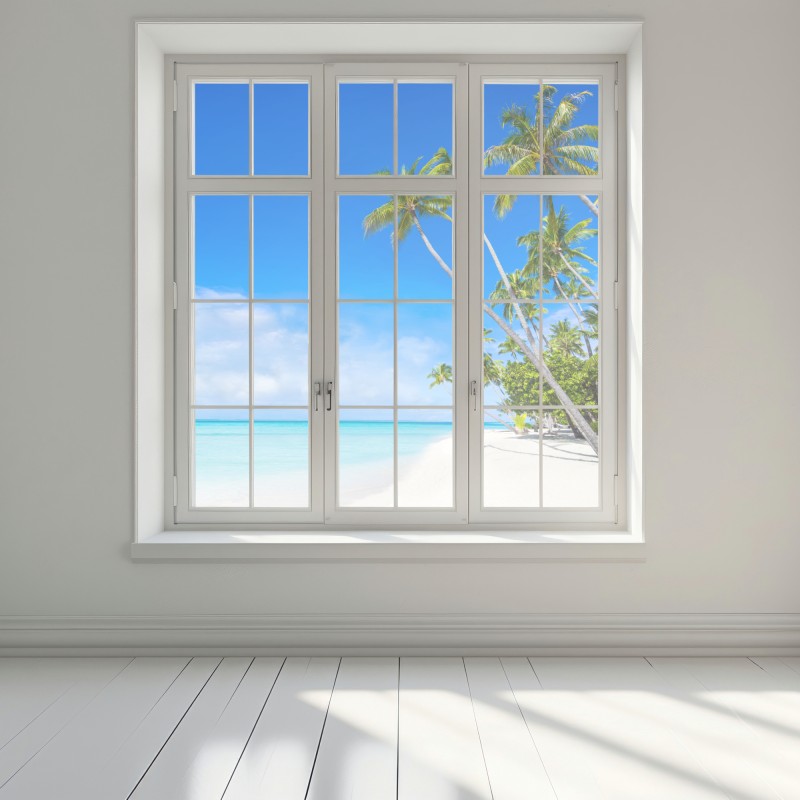 Naklejka na okno tropikalna plaża z palmami – Wallissimo® Naklejka na okno tropikalna plaża z palmami – Wallissimo®