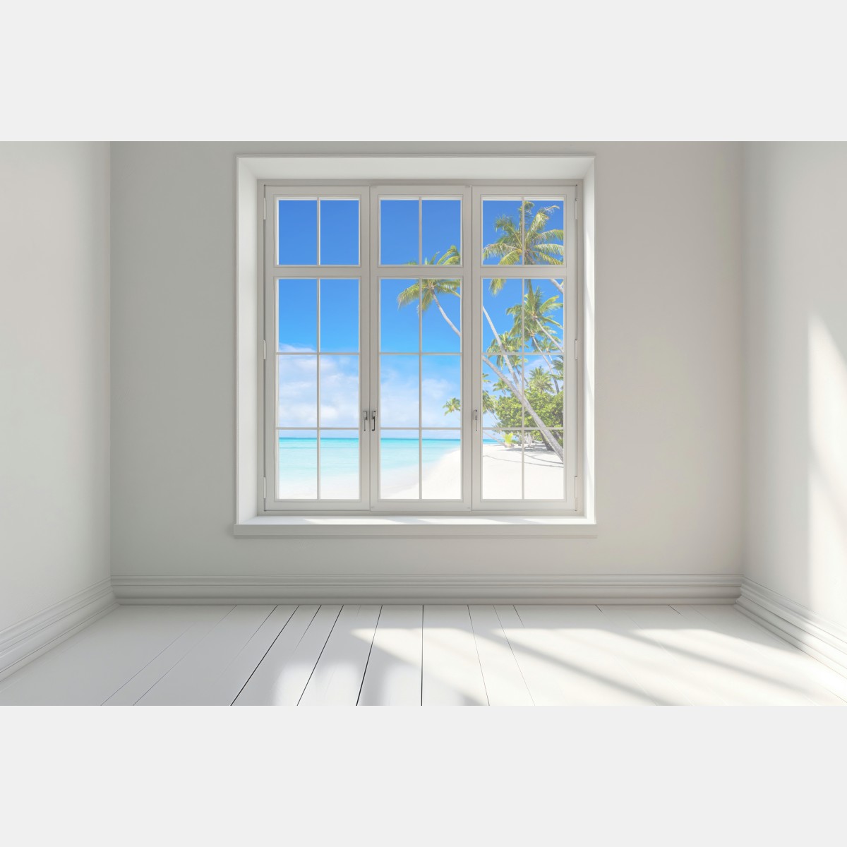 Naklejka na okno tropikalna plaża z palmami – Wallissimo® Naklejka na okno tropikalna plaża z palmami – Wallissimo®
