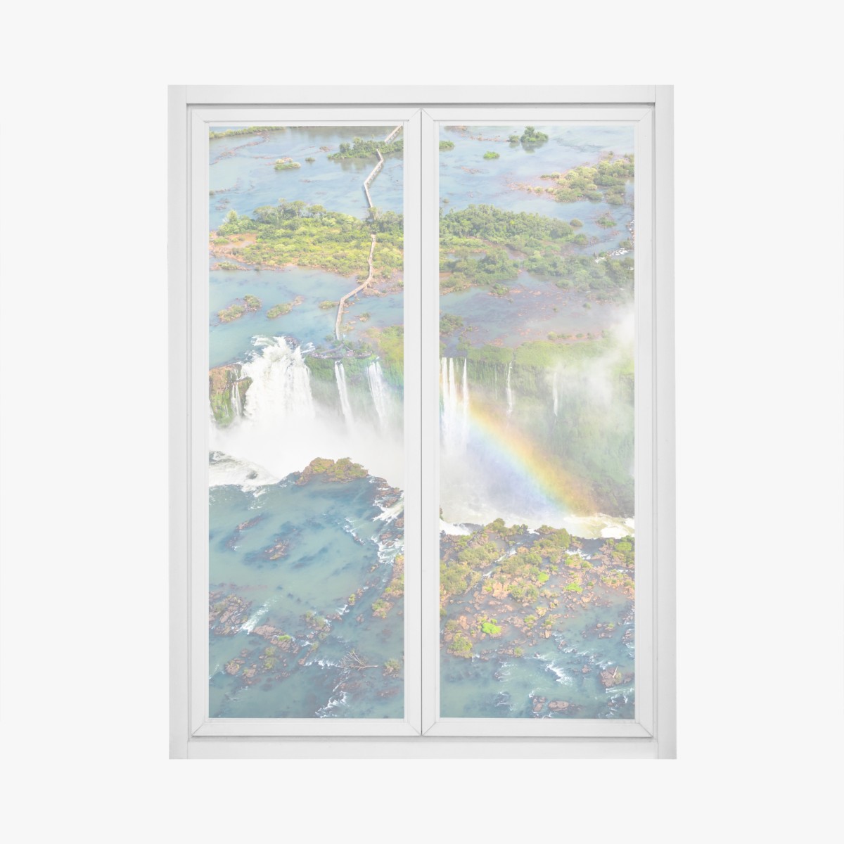 Window decal aerial view of tropical waterfalls with rainbow