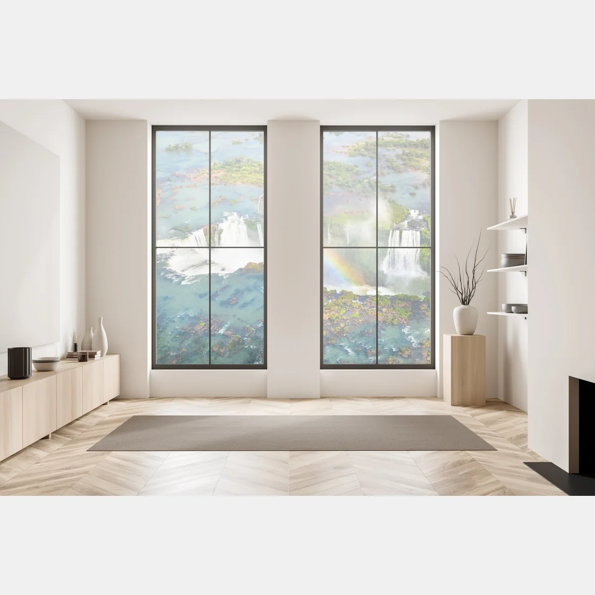 Naklejka na okno widok z lotu ptaka tropikalne wodospady z tęczą – Wallissimo® Naklejka na okno widok z lotu ptaka tropikalne wodospady z tęczą – Wallissimo®