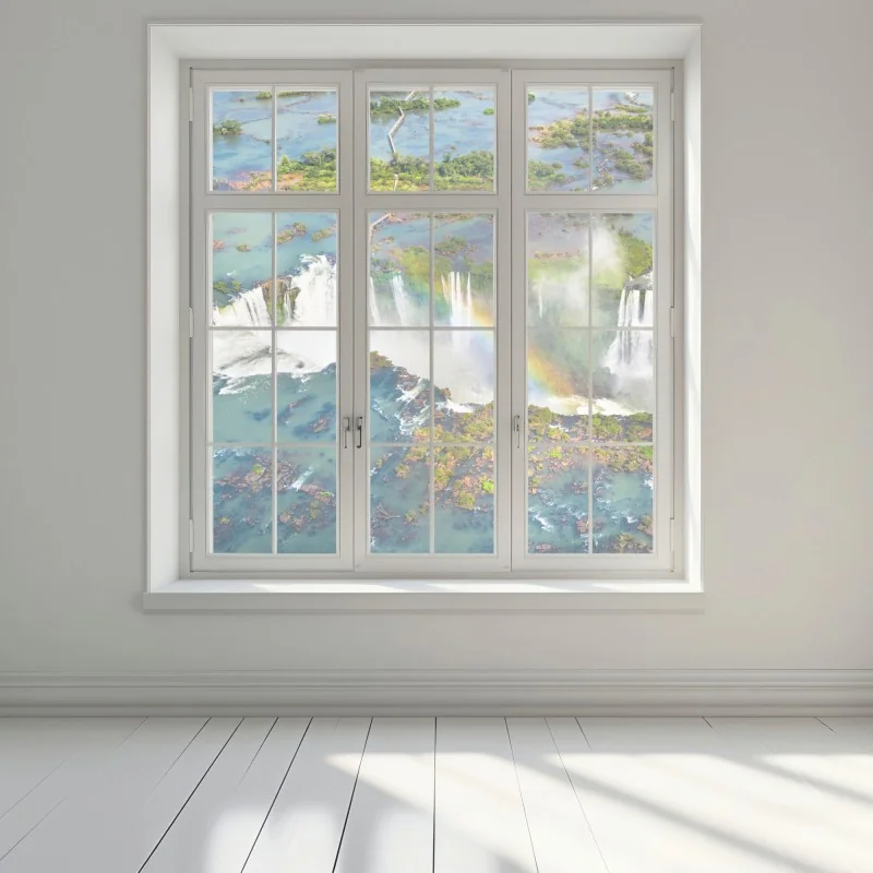 Naklejka na okno widok z lotu ptaka tropikalne wodospady z tęczą – Wallissimo® Naklejka na okno widok z lotu ptaka tropikalne wodospady z tęczą – Wallissimo®