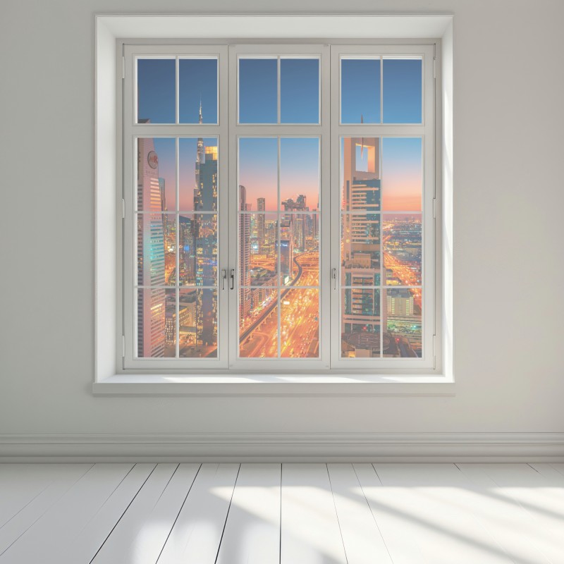 Naklejka na okno panorama Dubaju o zmierzchu – Wallissimo® Naklejka na okno panorama Dubaju o zmierzchu – Wallissimo®