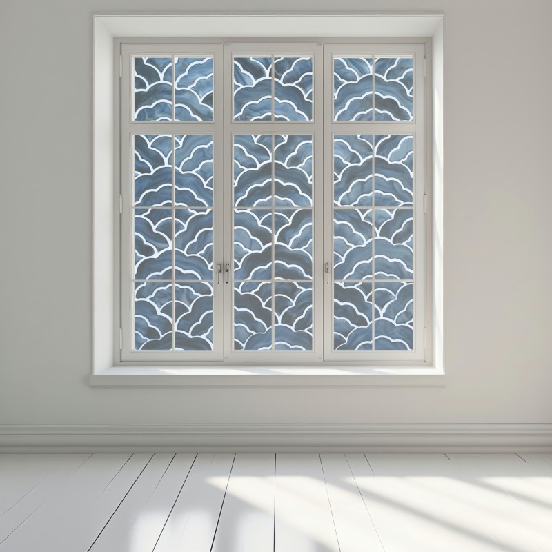 Naklejka na okno japoński niebieski wzór seigaiha – Wallissimo® Naklejka na okno japoński niebieski wzór seigaiha – Wallissimo®