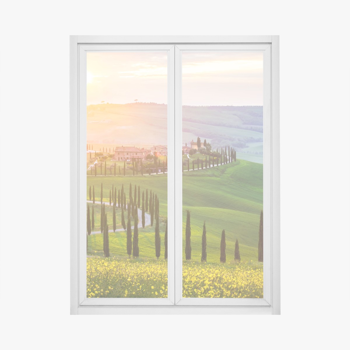 Window decal sunrise over rolling hills in Tuscany