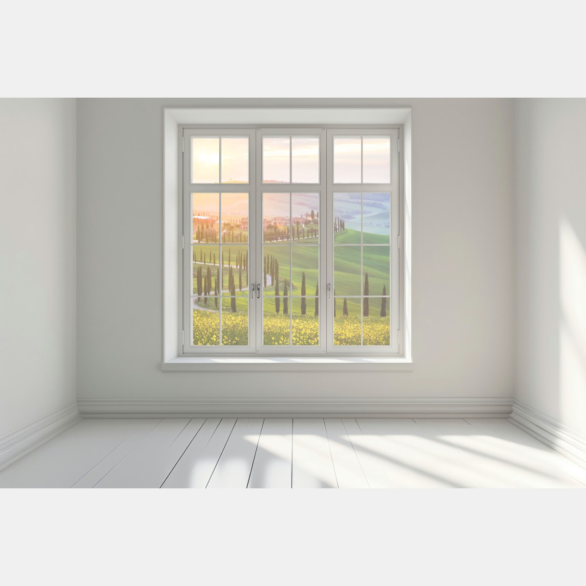 Naklejka na okno wschód słońca w Toskanii – Wallissimo® Naklejka na okno wschód słońca w Toskanii – Wallissimo®