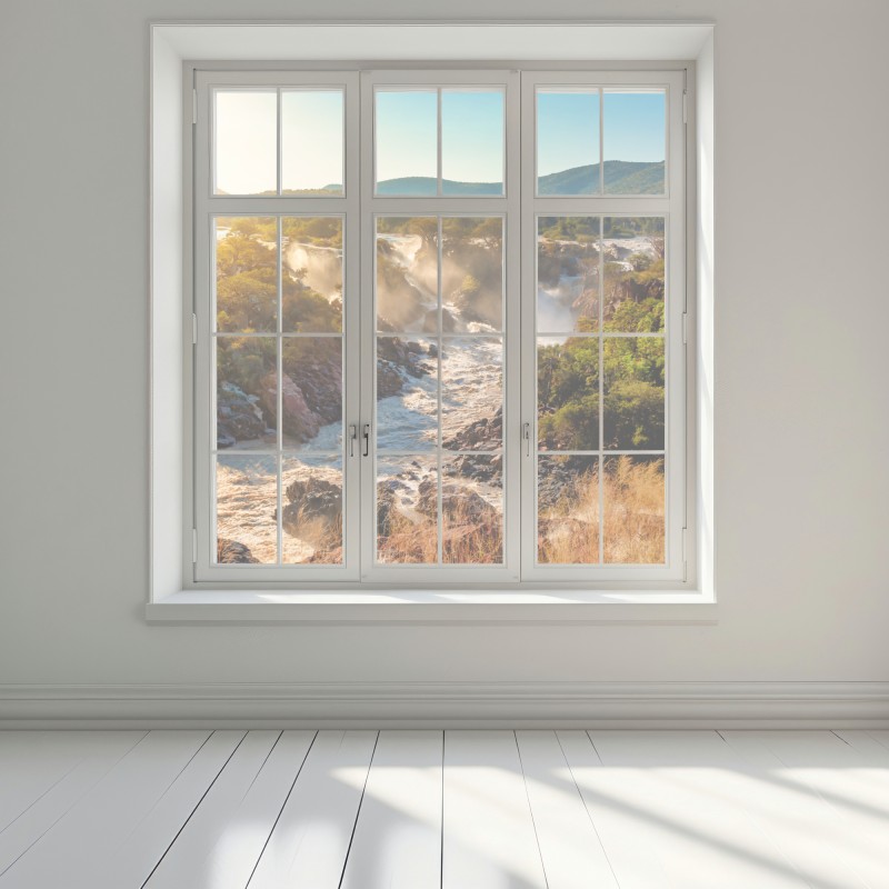 Naklejka na okno wschód słońca nad Wodospadami Epupa – Wallissimo® Naklejka na okno wschód słońca nad Wodospadami Epupa – Wallissimo®