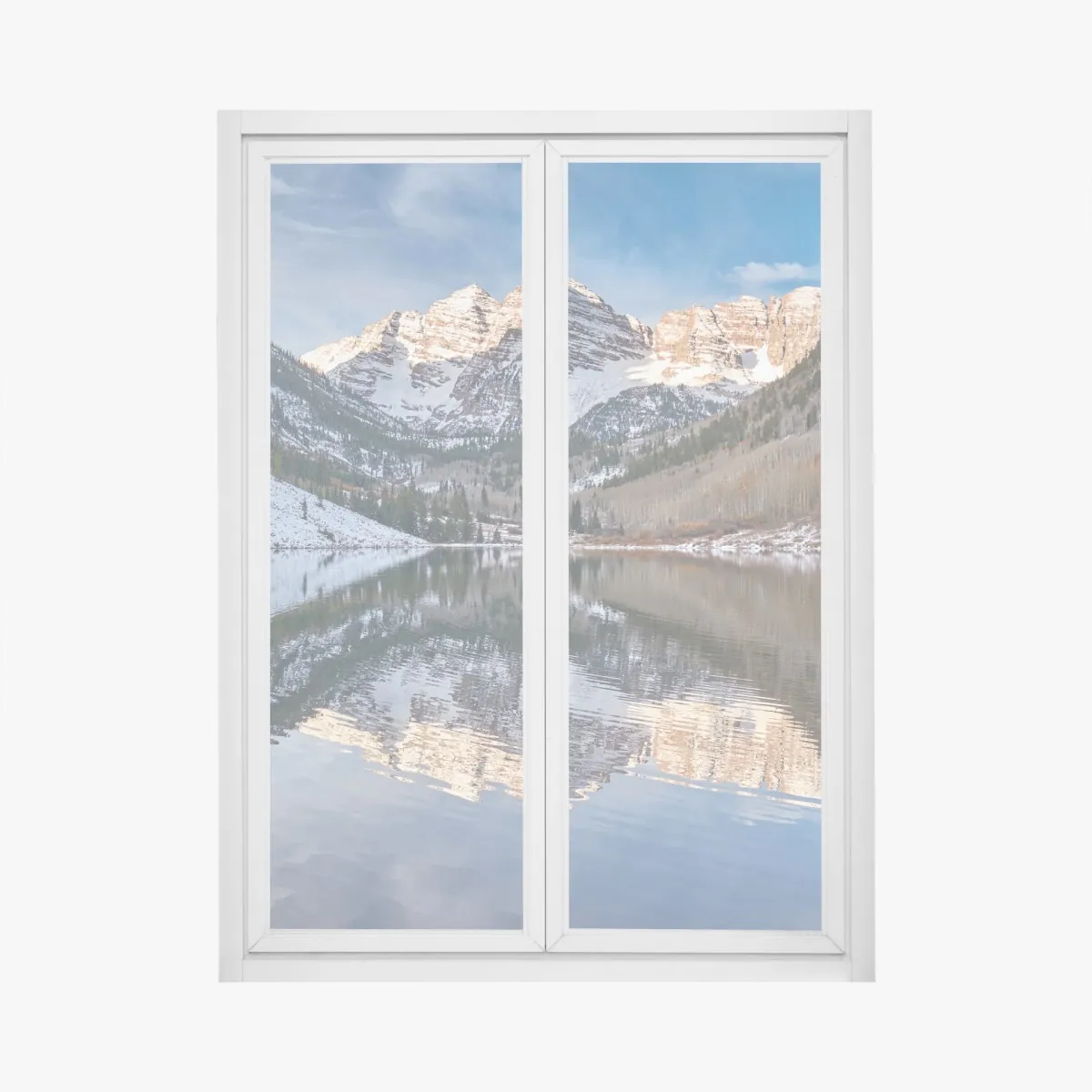 Naklejka na okno spokojne alpejskie jezioro odbijające ośnieżone szczyty i jesienne drzewa – Wallissimo® Naklejka na okno spokojne alpejskie jezioro odbijające ośnieżone szczyty i jesienne drzewa – Wallissimo®