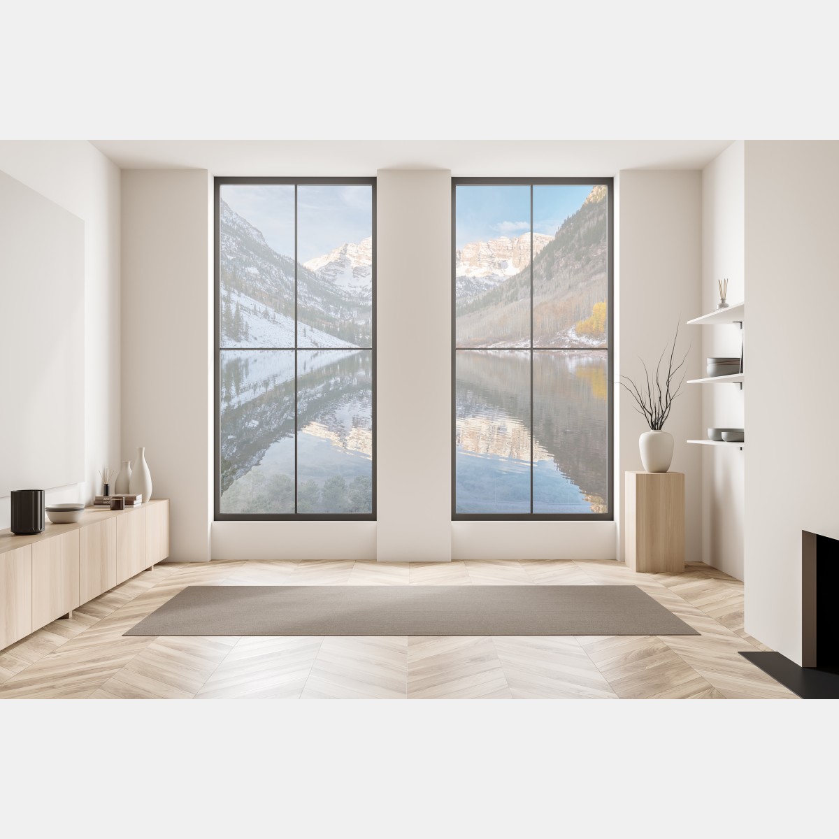 Naklejka na okno spokojne alpejskie jezioro odbijające ośnieżone szczyty i jesienne drzewa – Wallissimo® Naklejka na okno spokojne alpejskie jezioro odbijające ośnieżone szczyty i jesienne drzewa – Wallissimo®