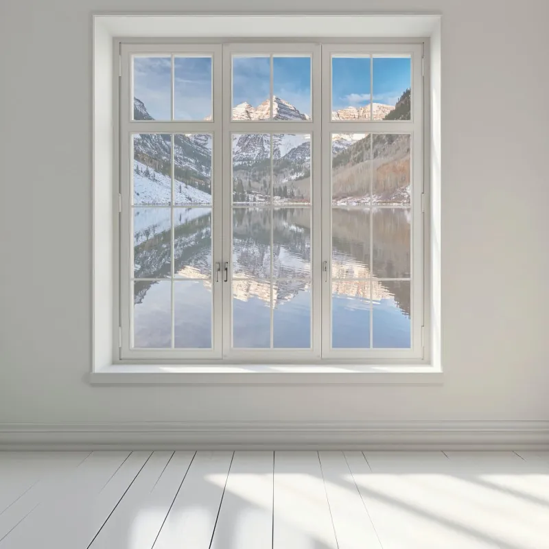 Naklejka na okno spokojne alpejskie jezioro odbijające ośnieżone szczyty i jesienne drzewa – Wallissimo® Naklejka na okno spokojne alpejskie jezioro odbijające ośnieżone szczyty i jesienne drzewa – Wallissimo®