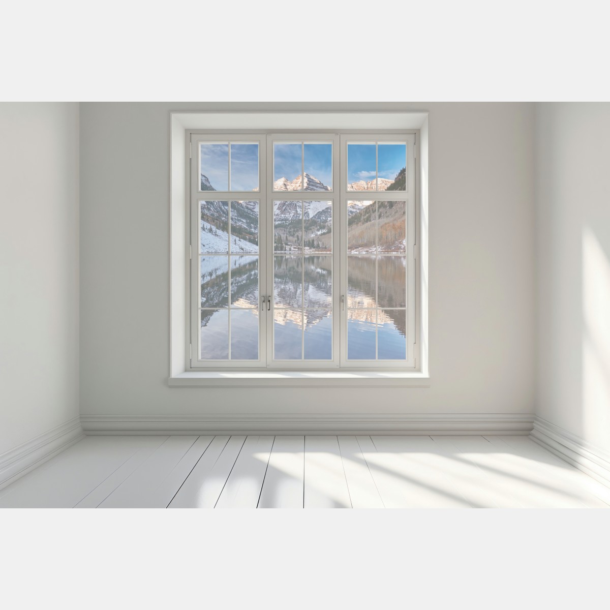 Naklejka na okno spokojne alpejskie jezioro odbijające ośnieżone szczyty i jesienne drzewa – Wallissimo® Naklejka na okno spokojne alpejskie jezioro odbijające ośnieżone szczyty i jesienne drzewa – Wallissimo®